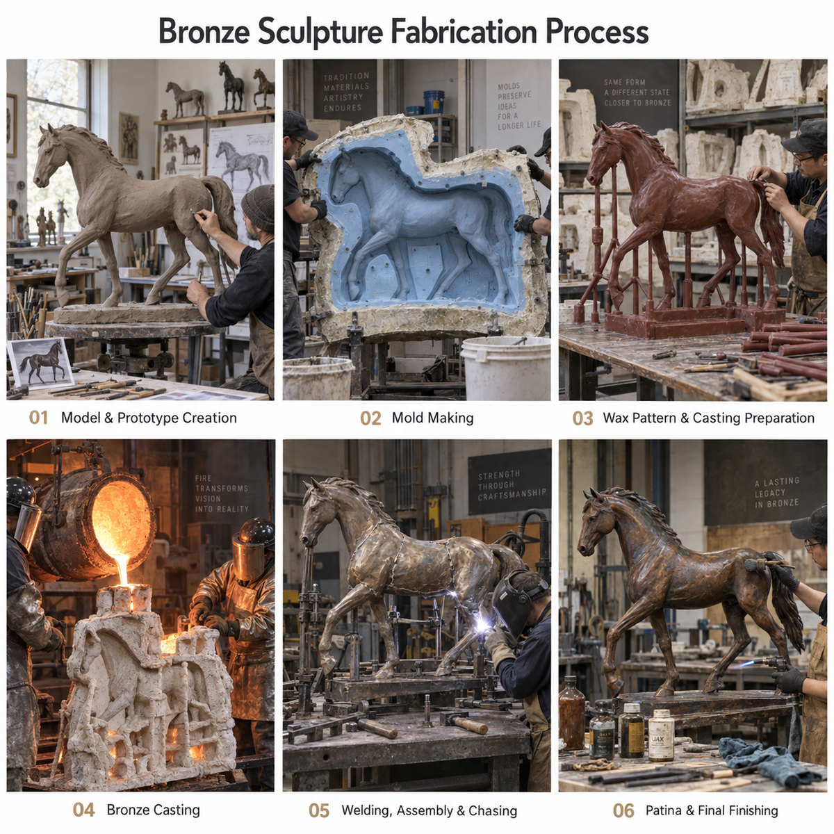 Six-panel diagram of bronze sculpture modeling, moldmaking, casting, assembly and finishing.