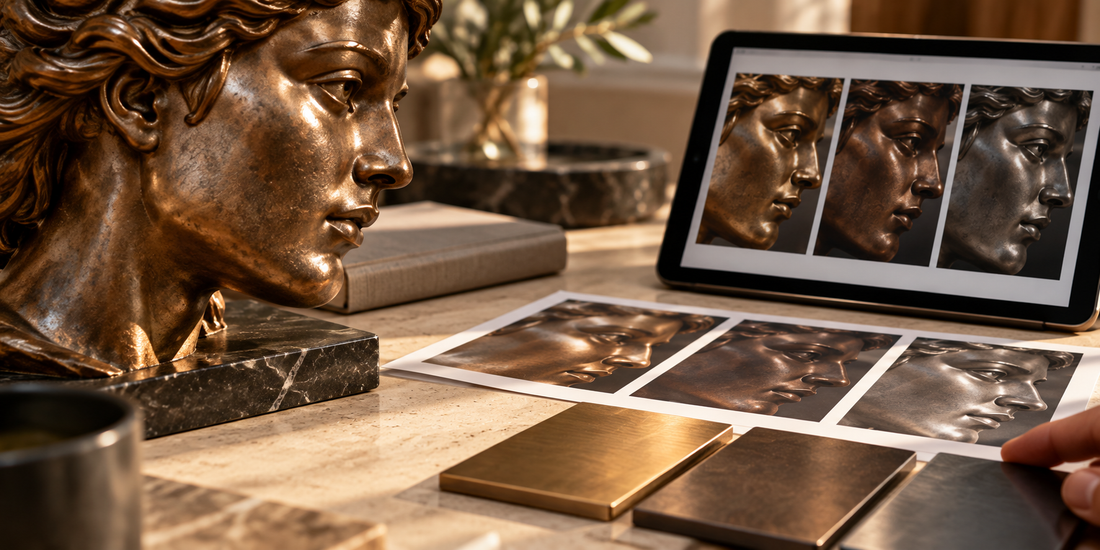 Bronze bust, finish samples and a tablet displaying sculpture details.