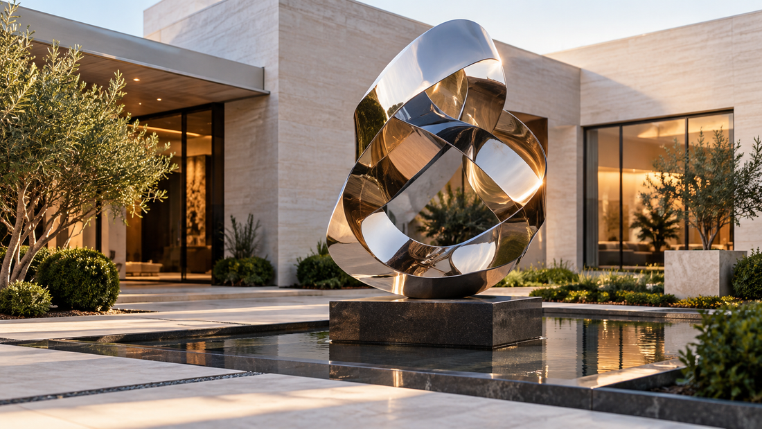 Faceted reflective sphere sculpture beside a residential pool.