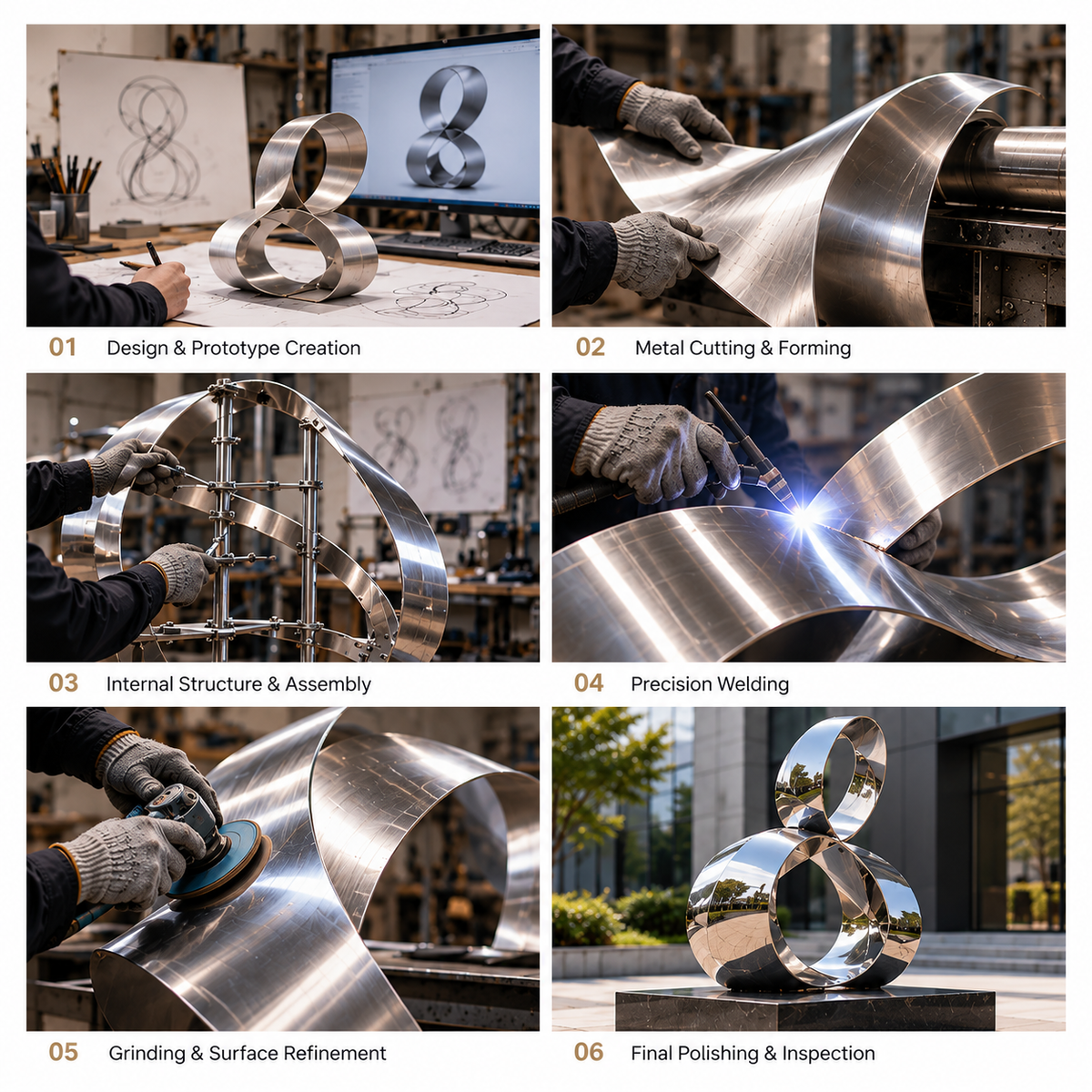 Six-panel diagram of metal sculpture design, cutting, assembly, welding, finishing and packing.