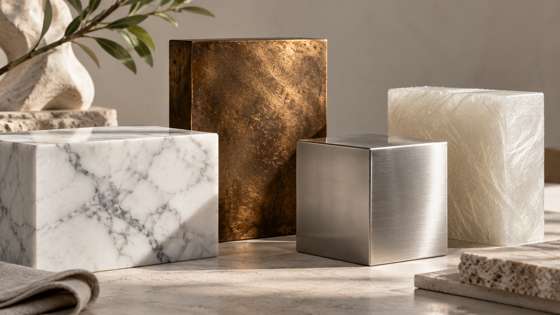 Marble, stone and metal material samples arranged on a worktable.
