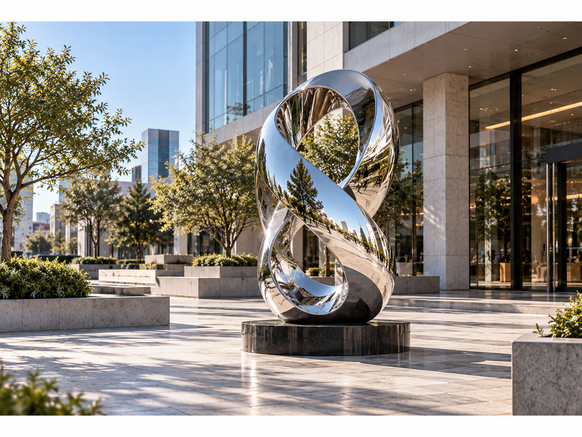 Reflective figure-eight sculpture outside a modern building.