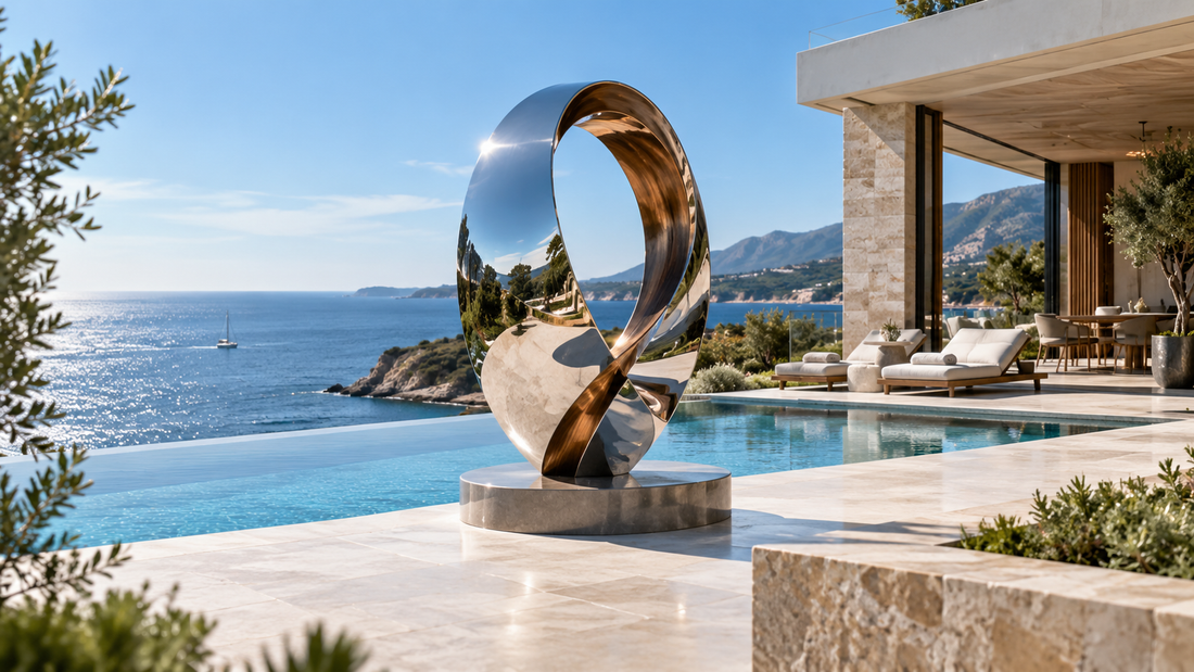 Reflective ring sculpture beside an oceanfront pool.