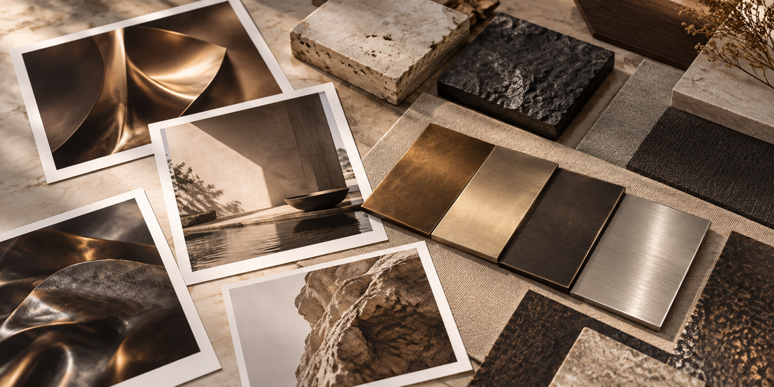 Metal and stone finish samples beside sculpture photographs.