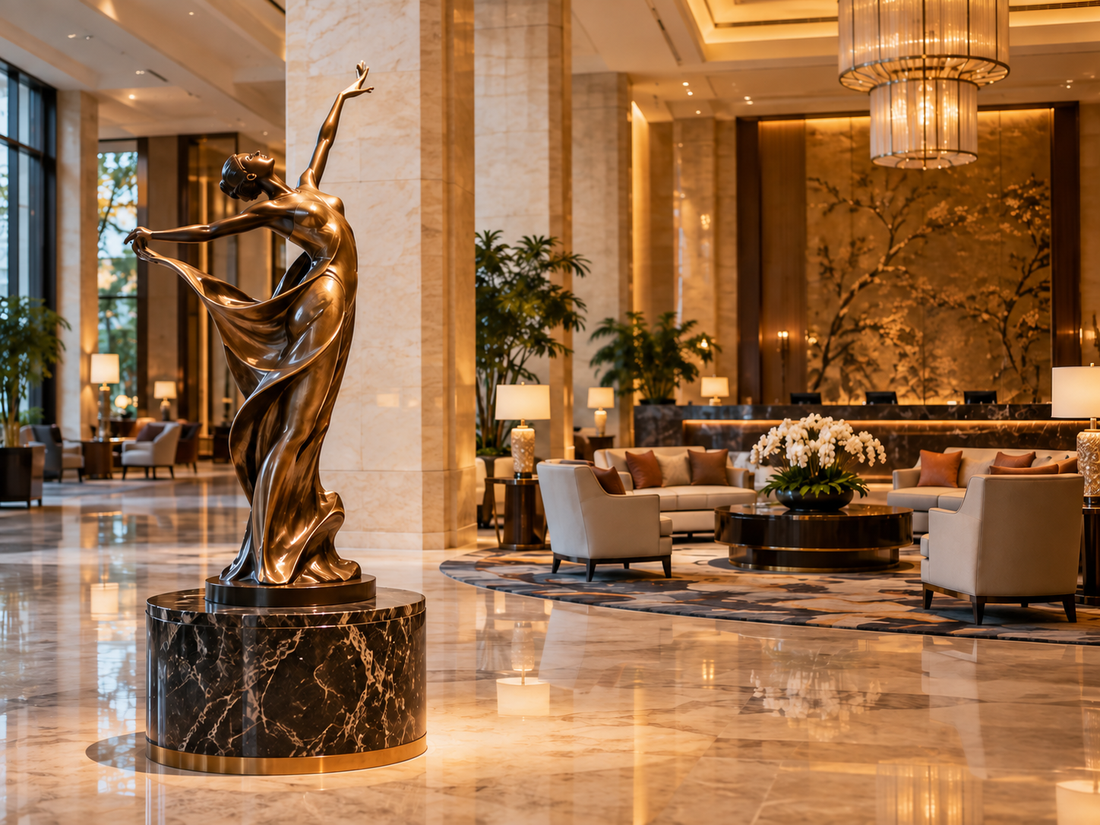 Bronze figurative sculpture on a pedestal in an elegant lobby.