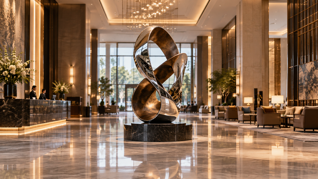 Mirror-polished figure-eight sculpture in an elegant lobby.