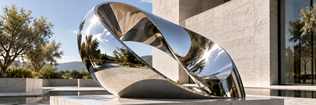 Mirror-polished infinity sculpture beside a pool and landscaped garden.