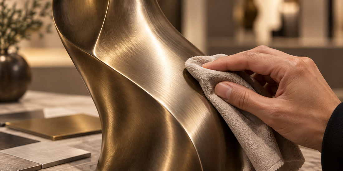 Hand wiping a curved bronze sculpture with a soft cloth.