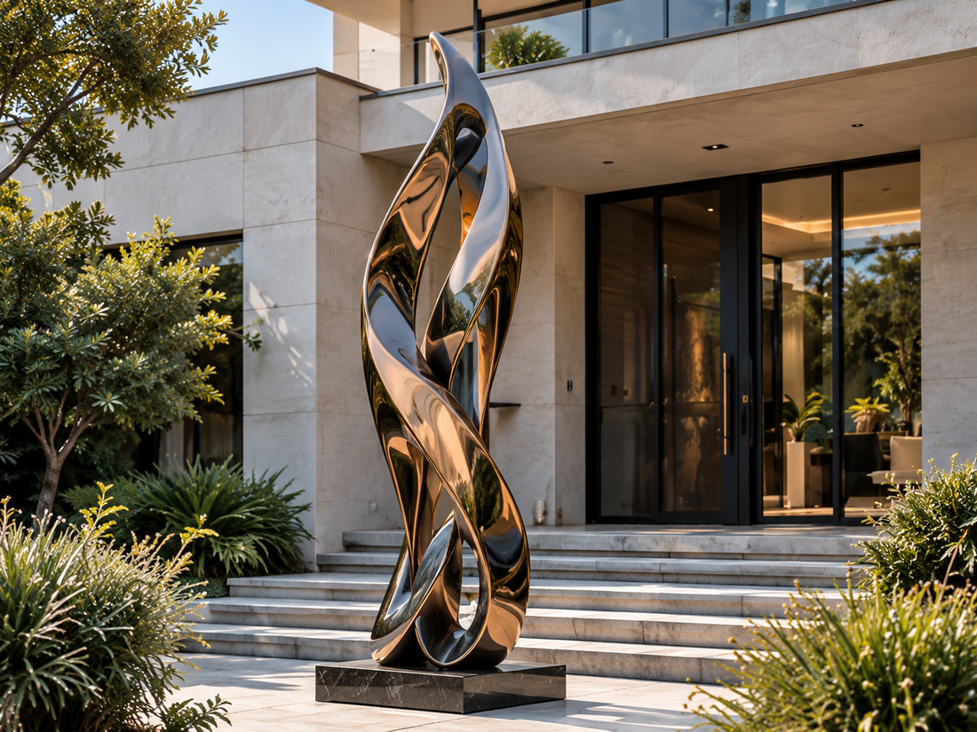 Tall mirror-polished abstract sculpture outside a modern home.