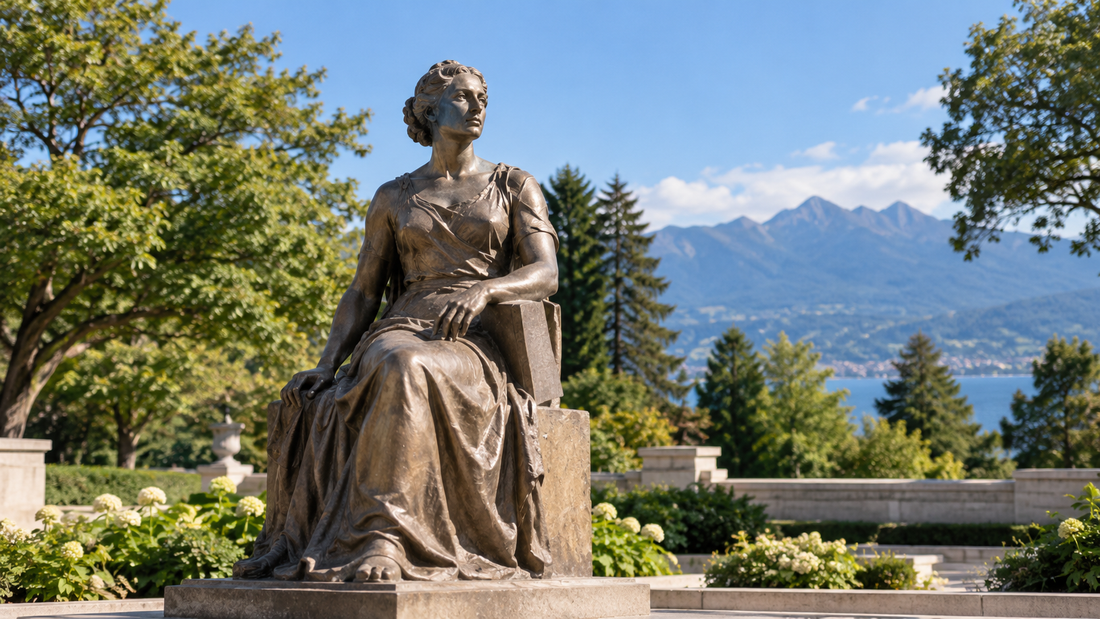Seated classical woman sculpture in a garden overlooking mountains.