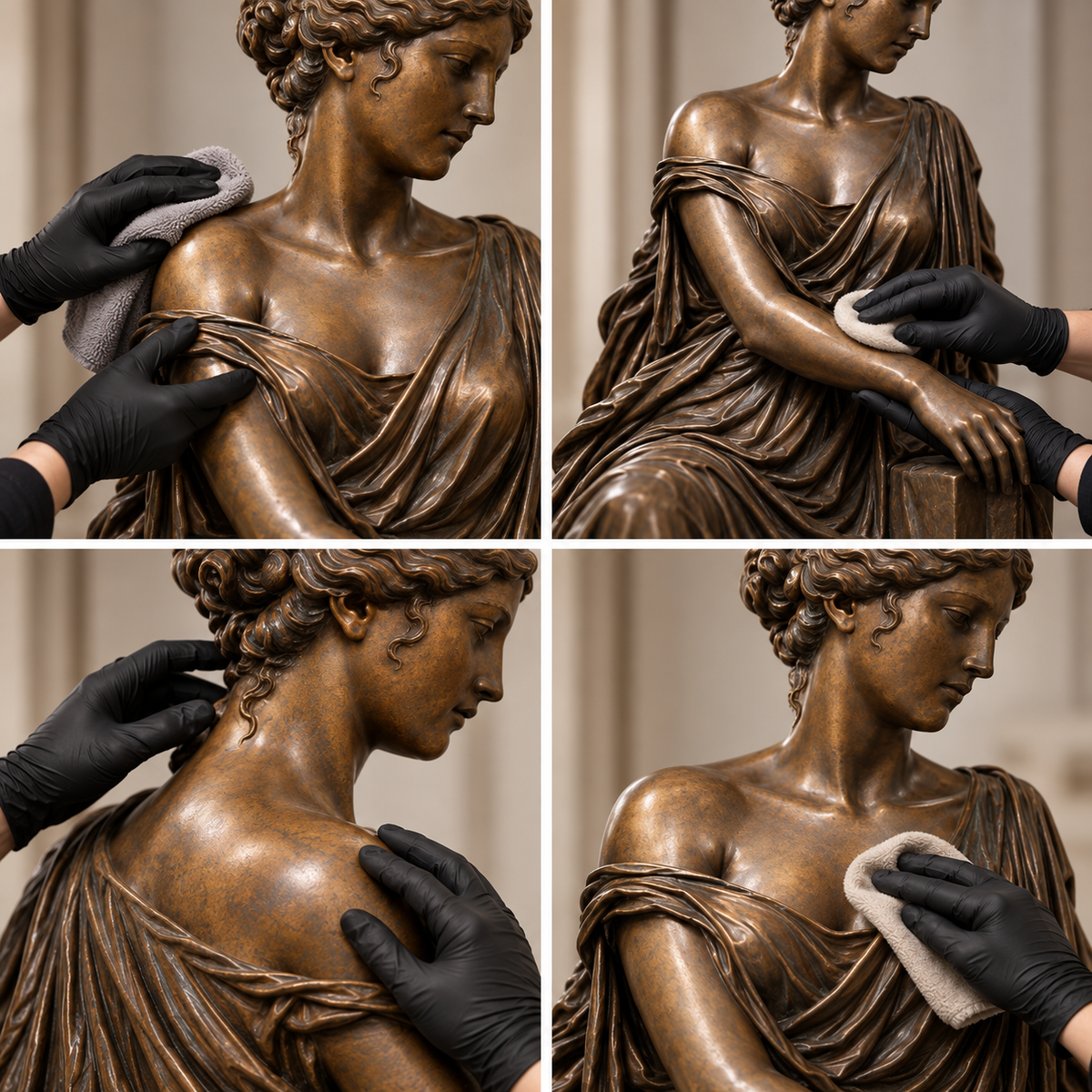 Four views showing gloved hands cleaning a bronze figure sculpture.