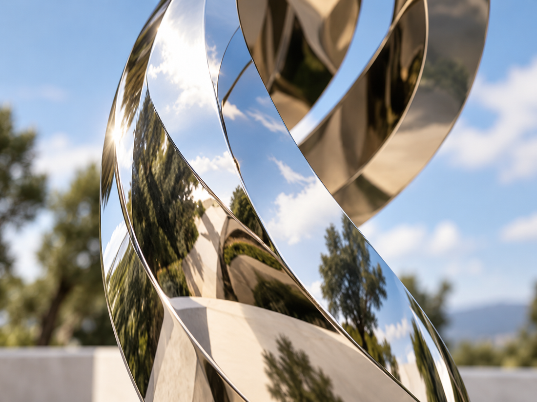 Close-up of reflective metal sculpture curves in an outdoor setting.