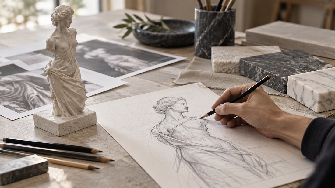 Hand sketching a sculpture beside a small model and material samples.