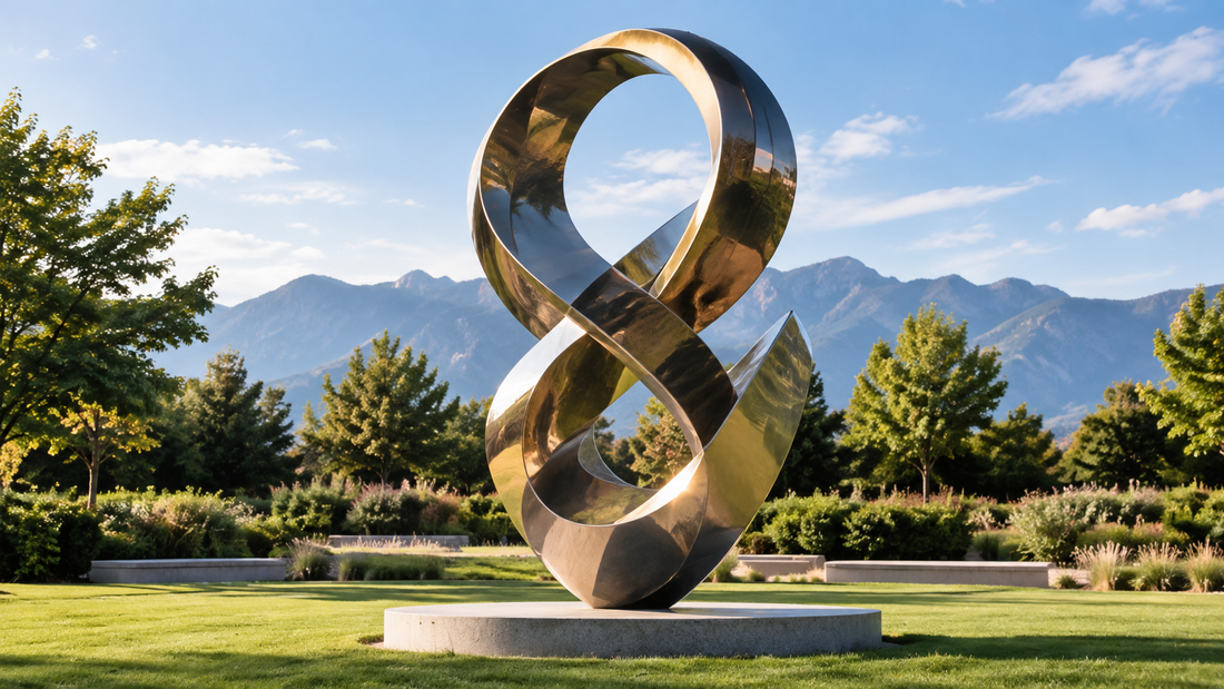 Bronze figure-eight sculpture in a landscaped mountain garden.