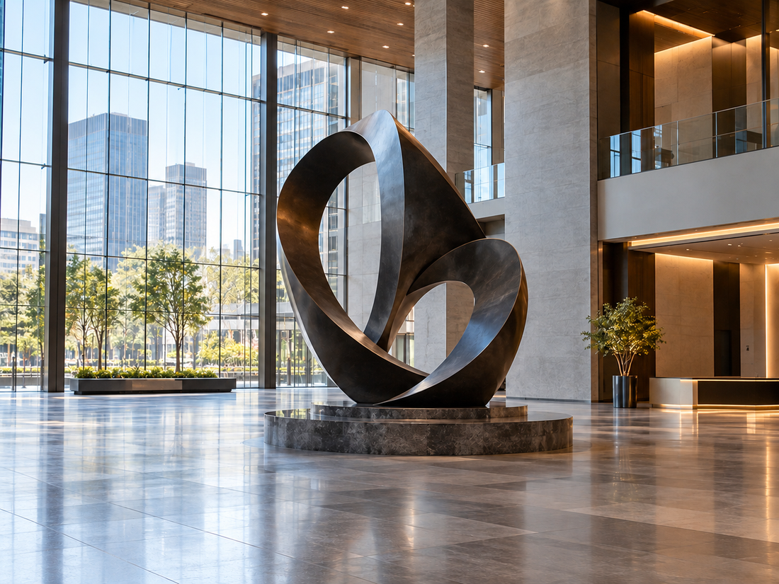 Dark abstract loop sculpture in a spacious lobby.