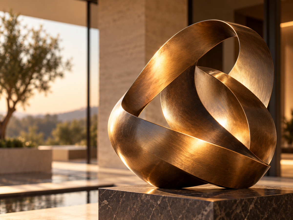 Close-up of an interlocking bronze abstract sculpture in warm light.