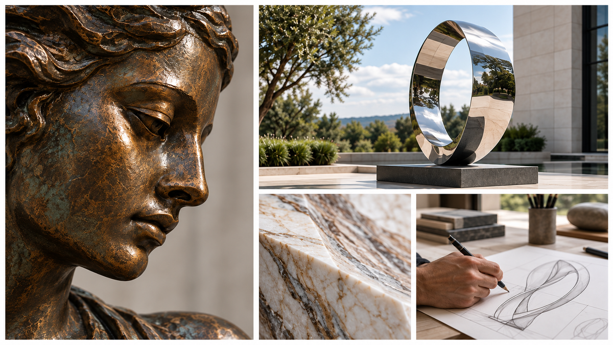 Collage of a bronze bust, reflective sculpture, stone surfaces and sculpture sketches.