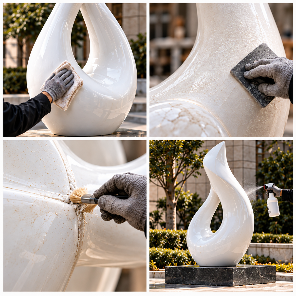 Four views showing surface care for a white abstract fiberglass sculpture.