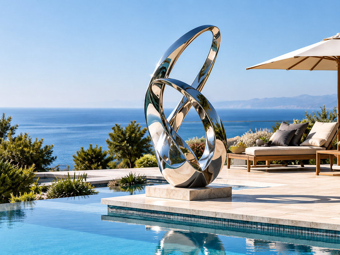 Mirror-polished abstract sculpture beside a pool overlooking the ocean.