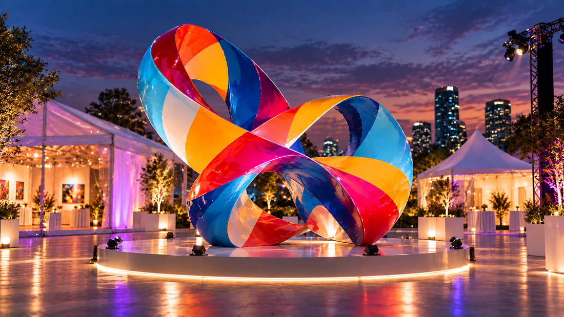 Colorful abstract loop sculpture in an illuminated plaza at dusk.