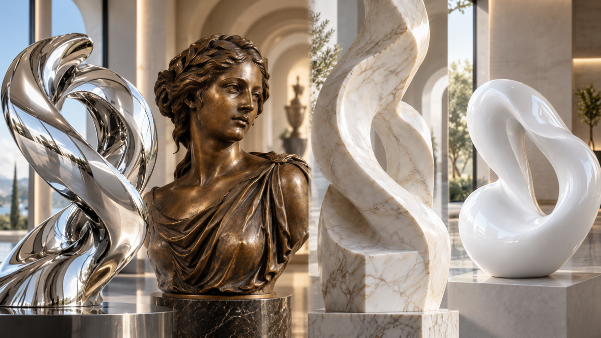 Collage of reflective metal, bronze, marble and white abstract sculptures.