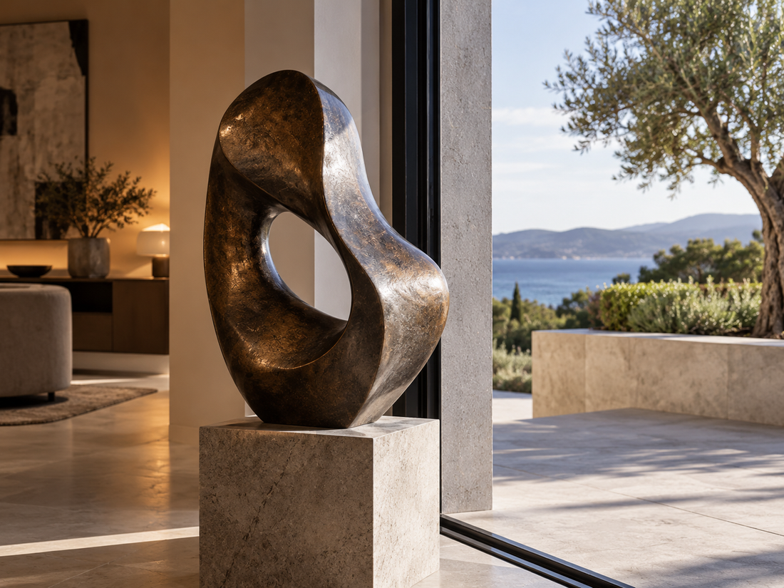 Bronze abstract sculptures displayed in indoor and outdoor settings.