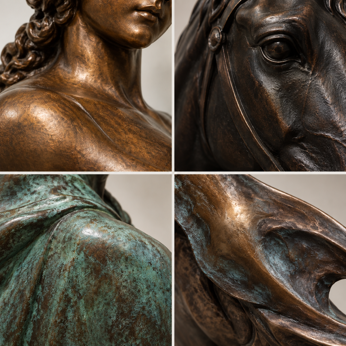 Four close-up views of bronze sculpture surfaces and patinas.