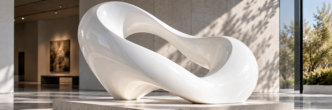 White infinity sculpture in a bright interior setting.