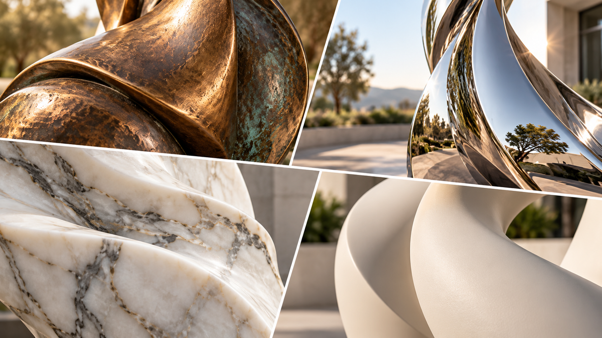 Collage comparing bronze, polished metal, marble and white sculpture surfaces.