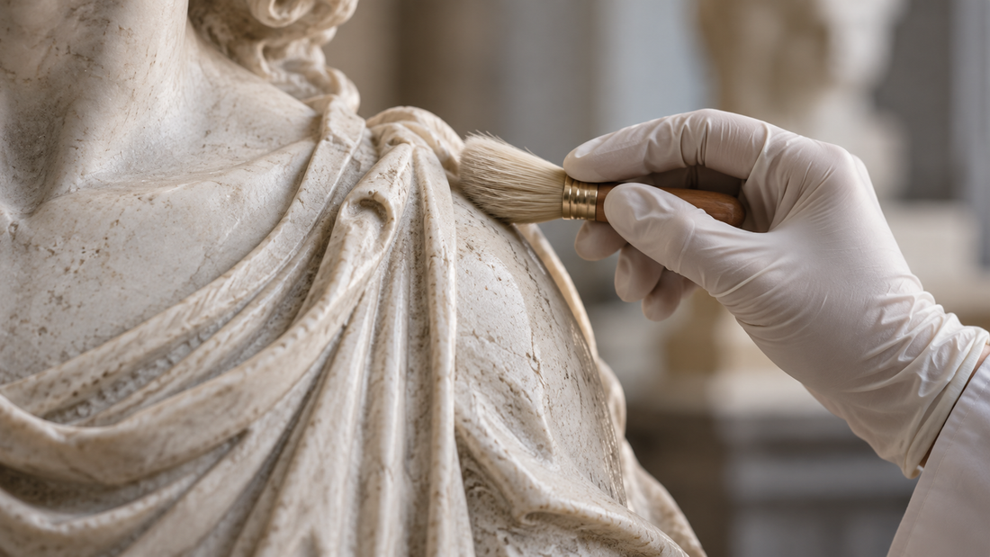 Gloved hand working on the carved drapery of a white sculpture.
