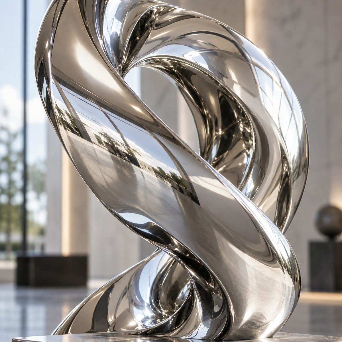 Intertwining mirror-polished stainless steel abstract sculpture.
