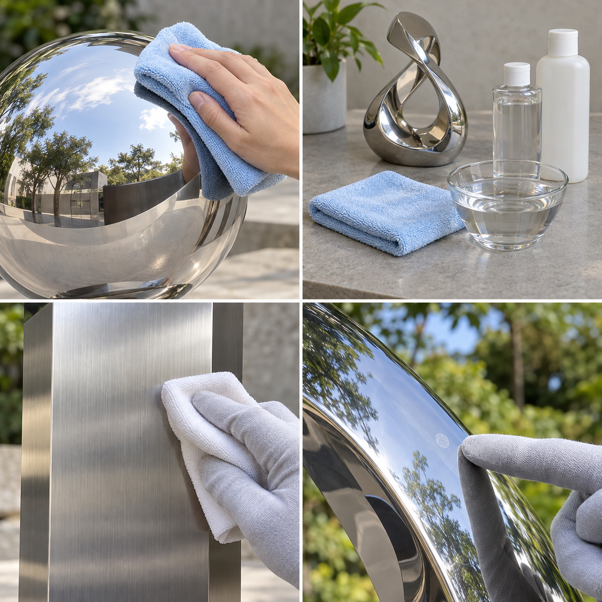 Illustration of stainless steel sculpture care using soft cloths, cleaning supplies, and surface inspection.