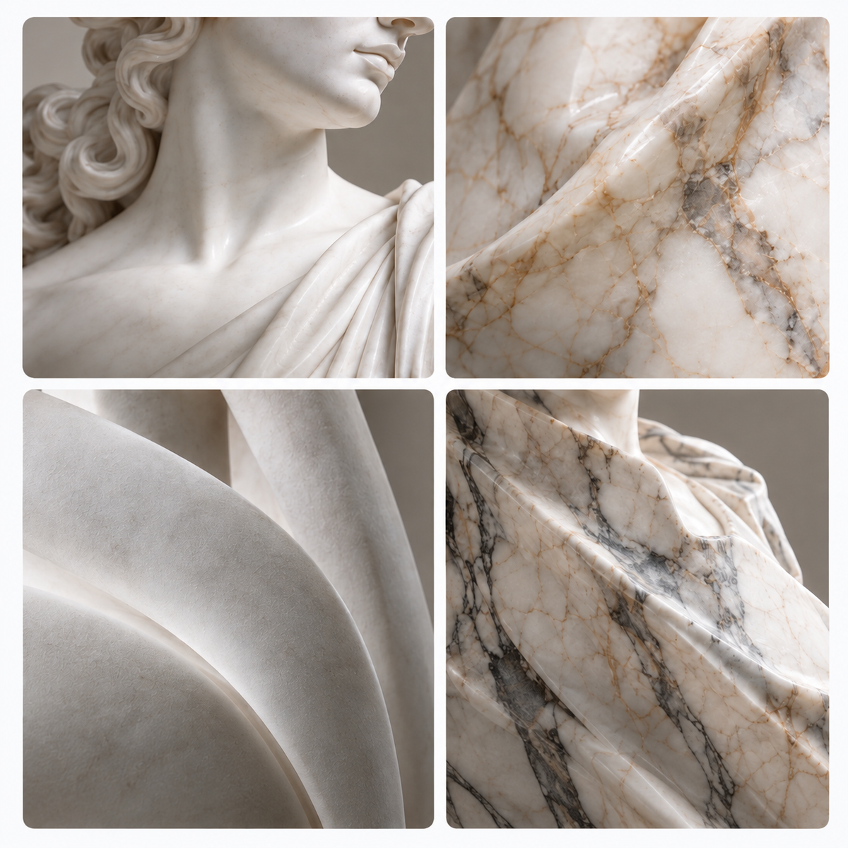 Close-up collage of carved marble sculpture surfaces and natural veining.