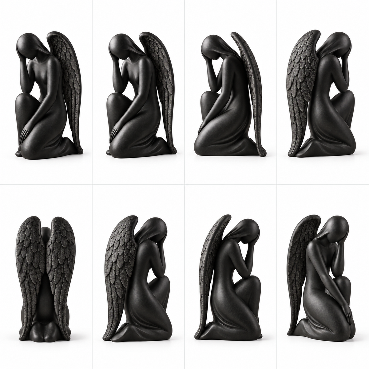 360-degree multi-angle view of an abstract bronze kneeling angel sculpture with a curved wing and contemplative pose.