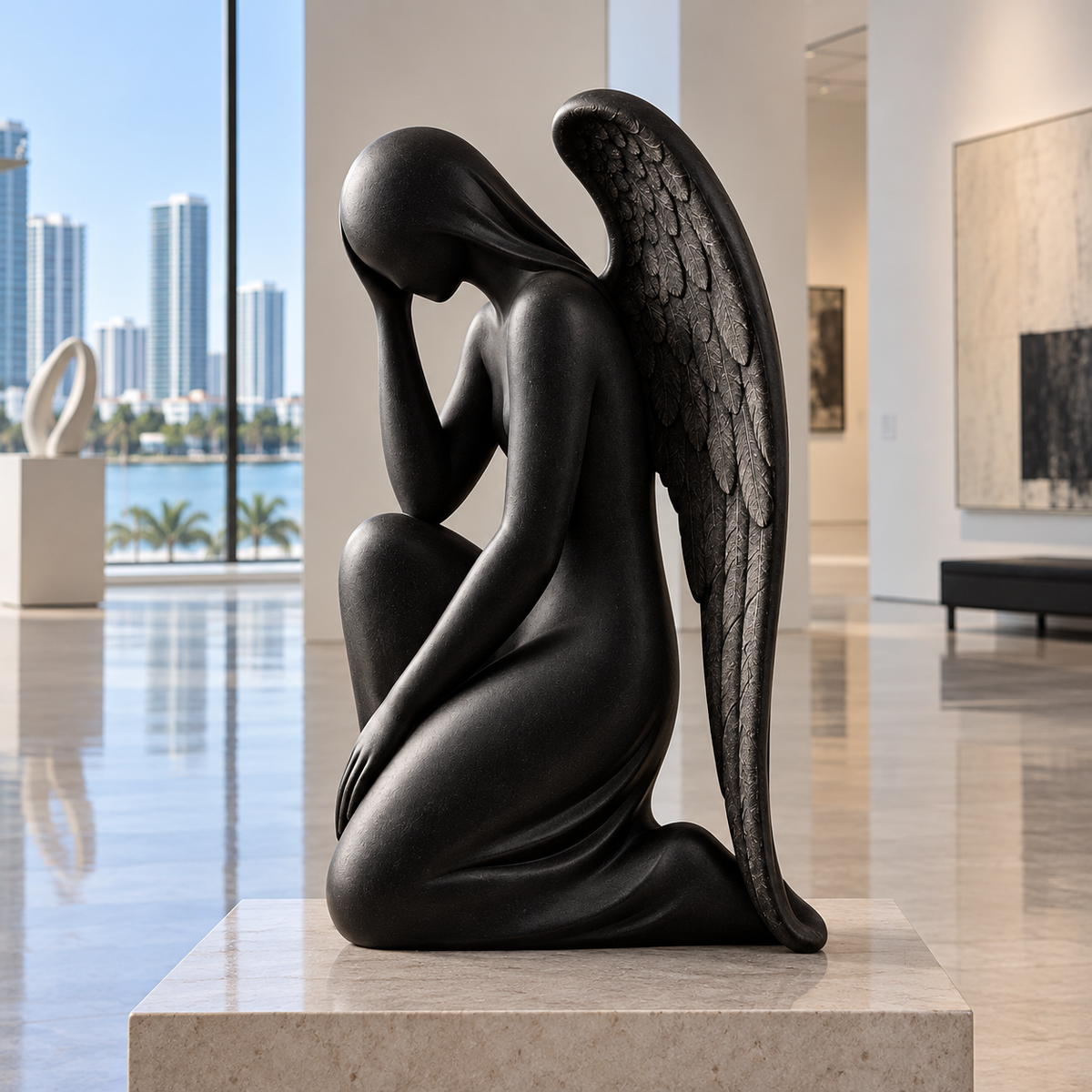 Abstract Angel Bronze Kneeling Sculpture — bright gallery viewed from the side.