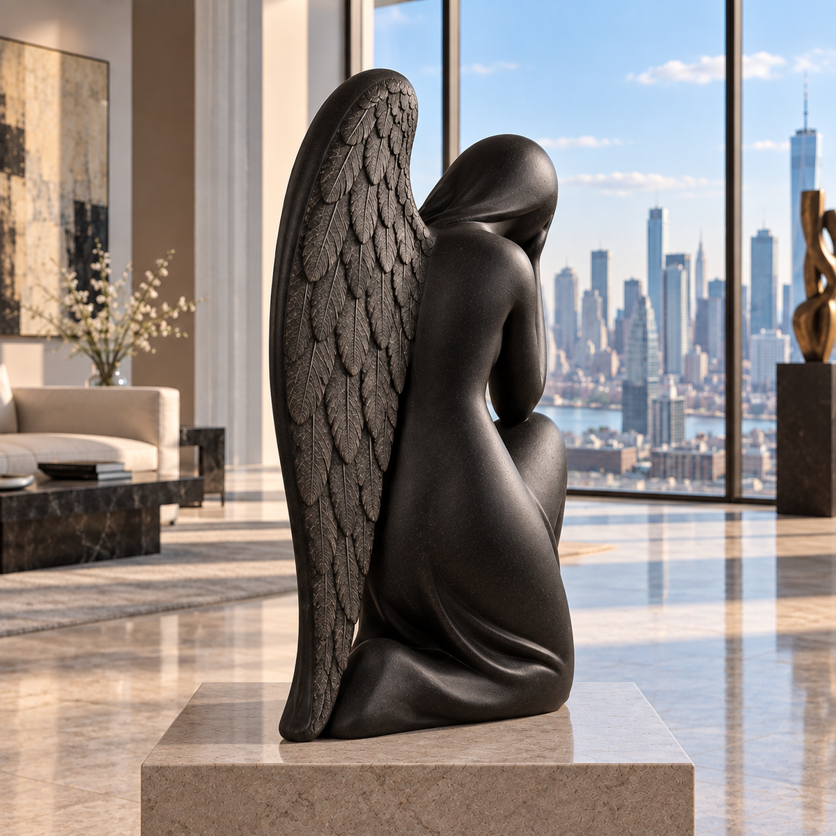 Abstract Angel Bronze Kneeling Sculpture — city-view lounge viewed from behind.