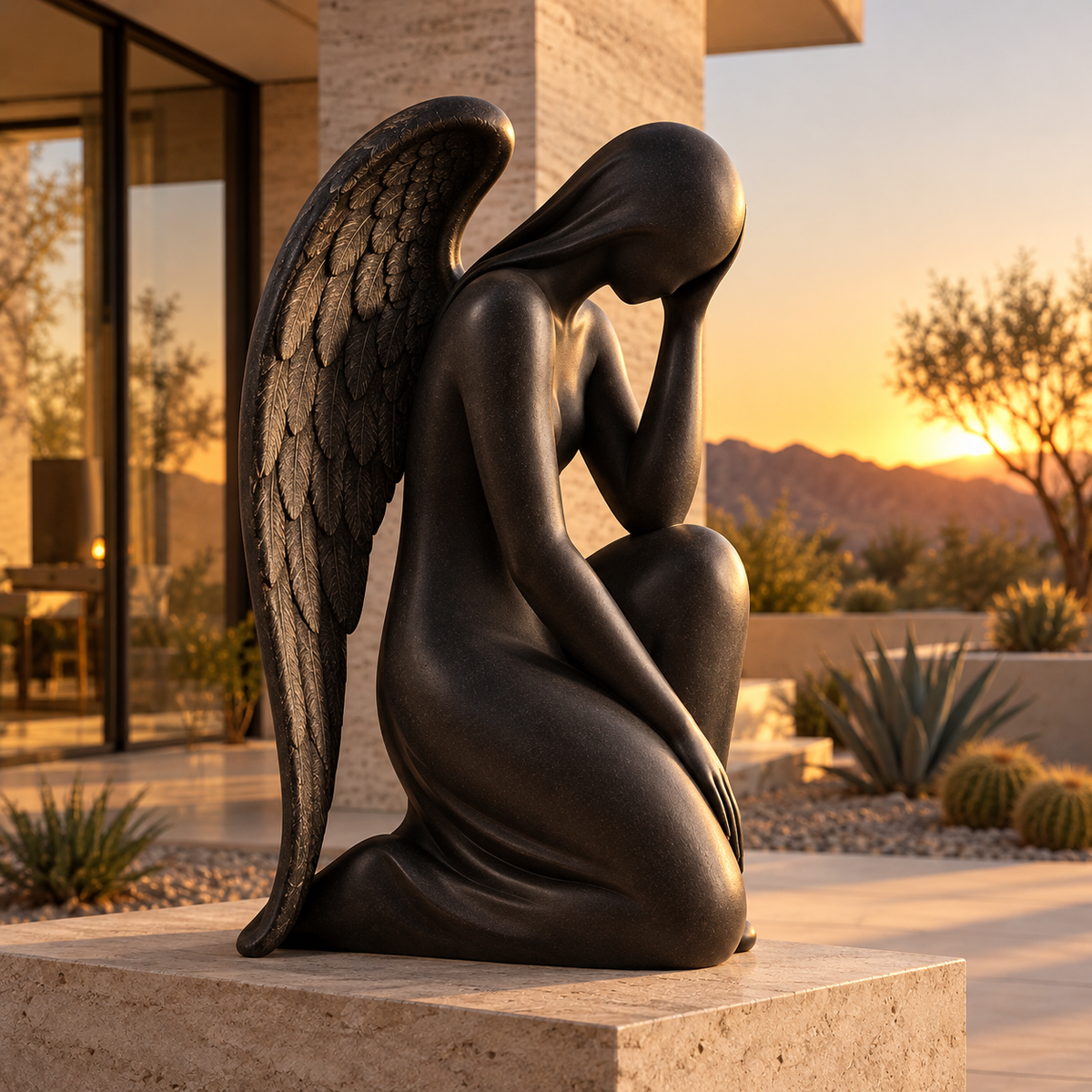 Abstract Angel Bronze Kneeling Sculpture — desert terrace at sunset.