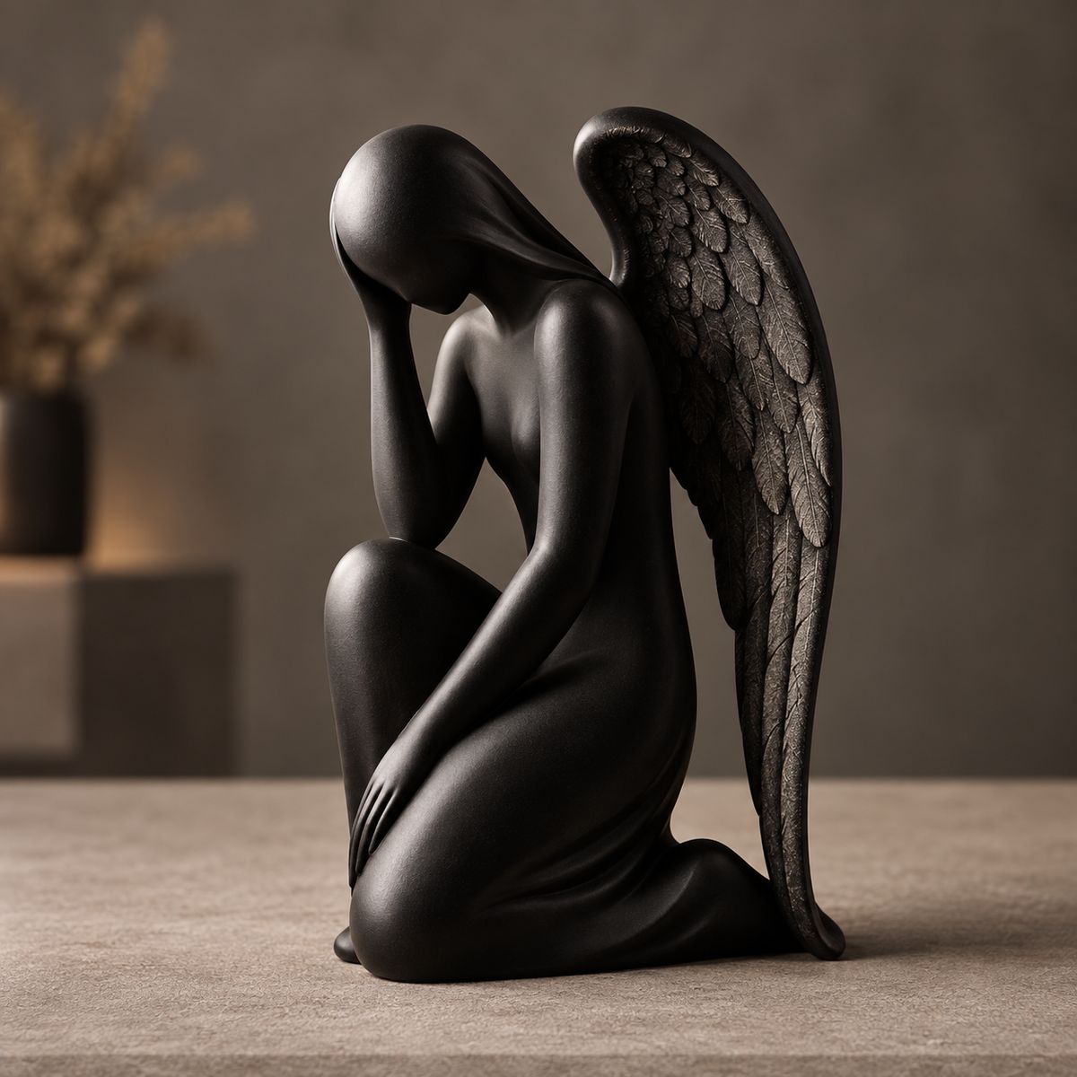 Abstract bronze kneeling angel sculpture displayed in a warm contemporary interior setting.
