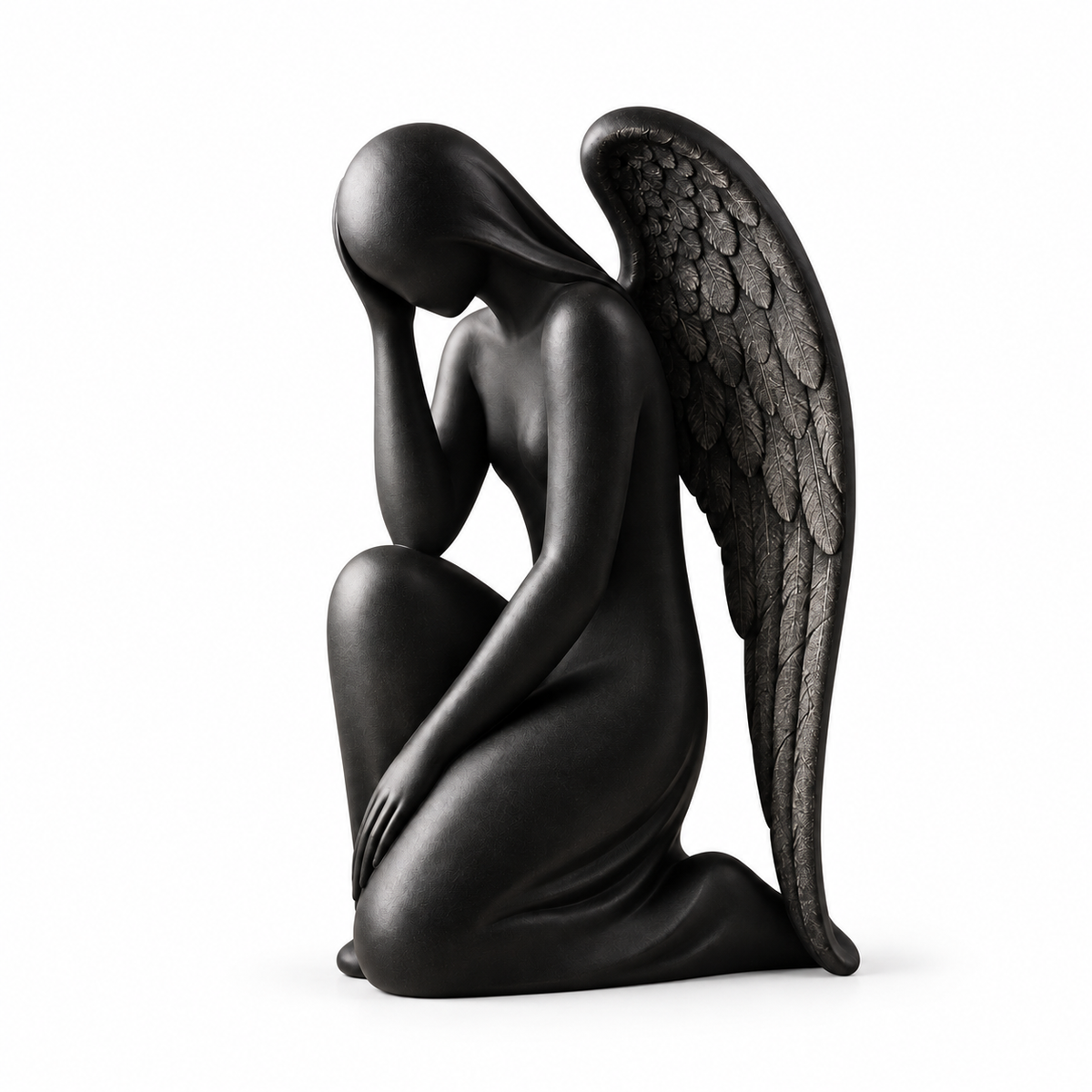 Abstract bronze kneeling angel sculpture with a dark finish and detailed feathered wing on a white background.