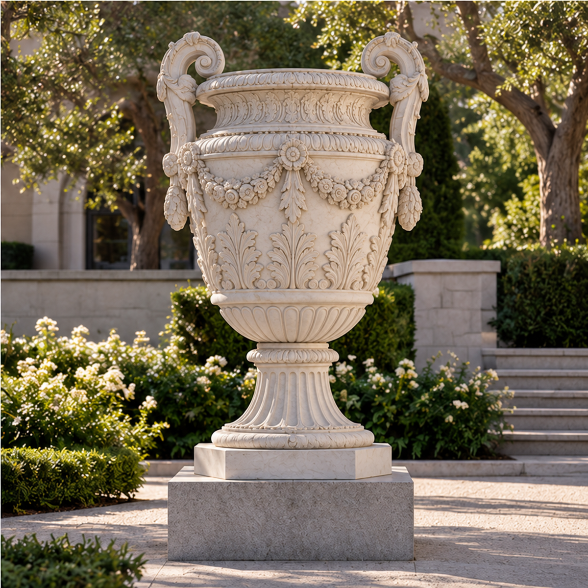 Acanthus Elegance white marble classical ornamental urn sculpture displayed on a pedestal in a sunlit formal garden courtyard.