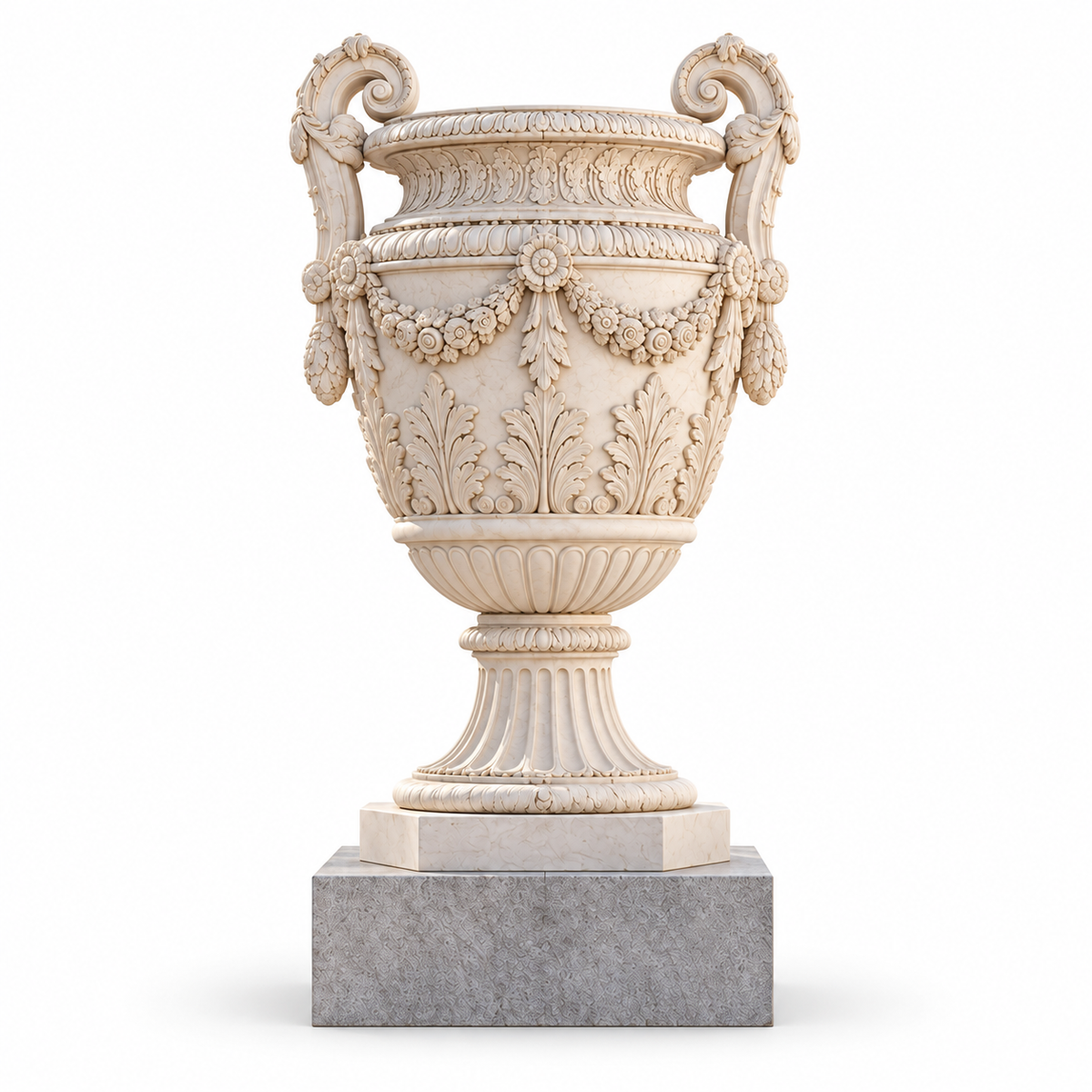 Acanthus Elegance white marble classical ornamental urn sculpture with scroll handles, floral garlands, and acanthus leaf relief, isolated on a white background.