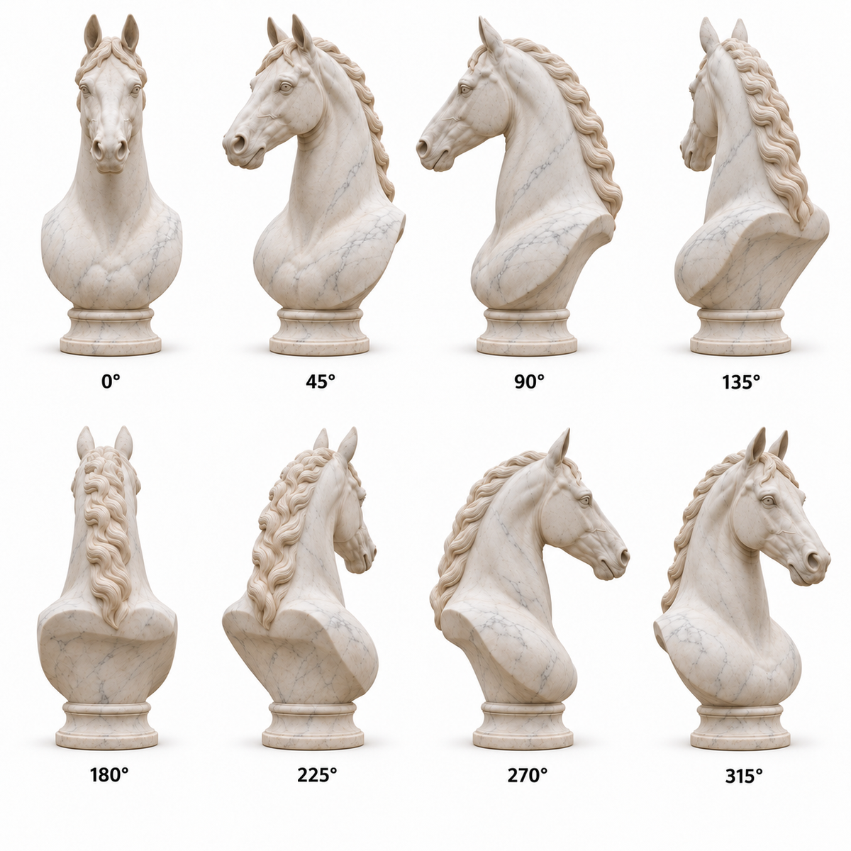 Eight labeled views of the Alabaster Vigil white marble classical horse bust sculpture, showing the front, sides and rear.