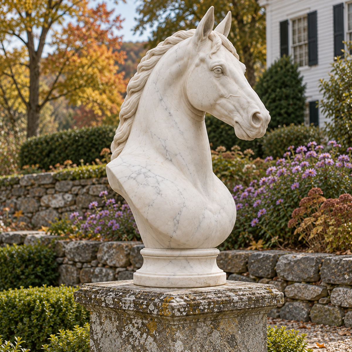 Opposite front three-quarter view of the white marble classical horse bust sculpture in a Vermont inn garden.