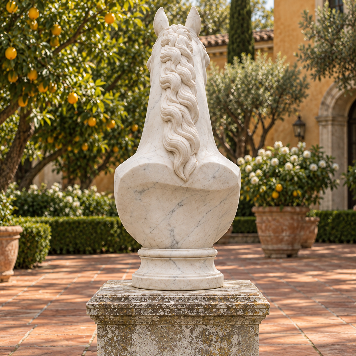 Rear view of the white marble classical horse bust sculpture in a California villa courtyard.