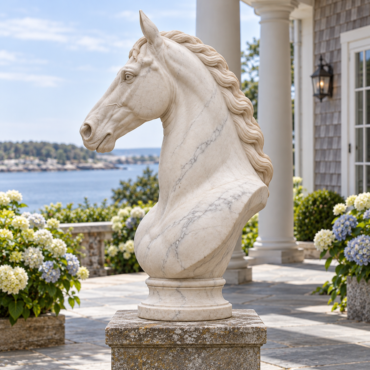 Side view of the white marble classical horse bust sculpture in a Rhode Island estate loggia.