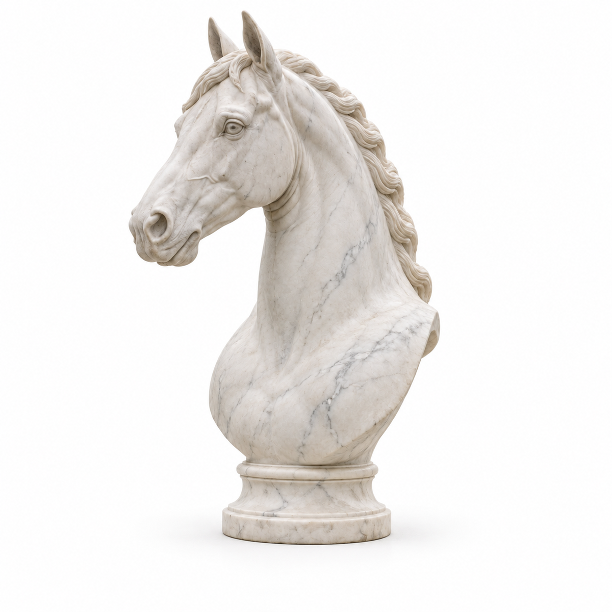 Alabaster Vigil white marble classical horse bust sculpture with its base against a white background.