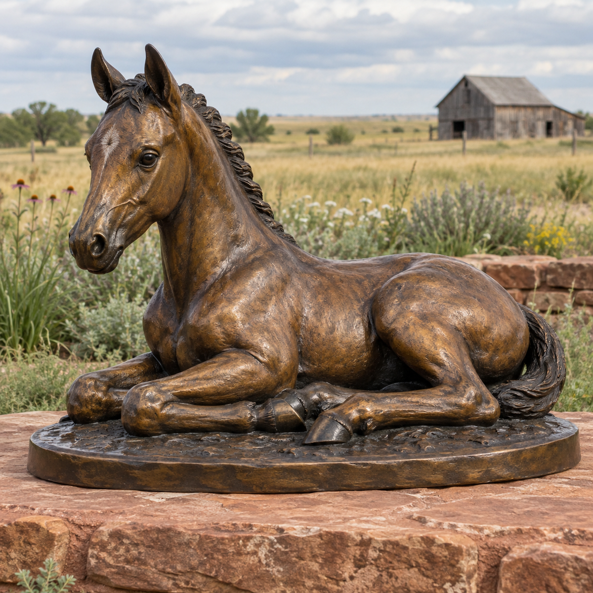Amber Stillwater warm bronze resting foal sculpture in a Kansas prairie house garden, low red sandstone ledge, buffalo grass, distant weathered timber barn, soft cloudy daylight.