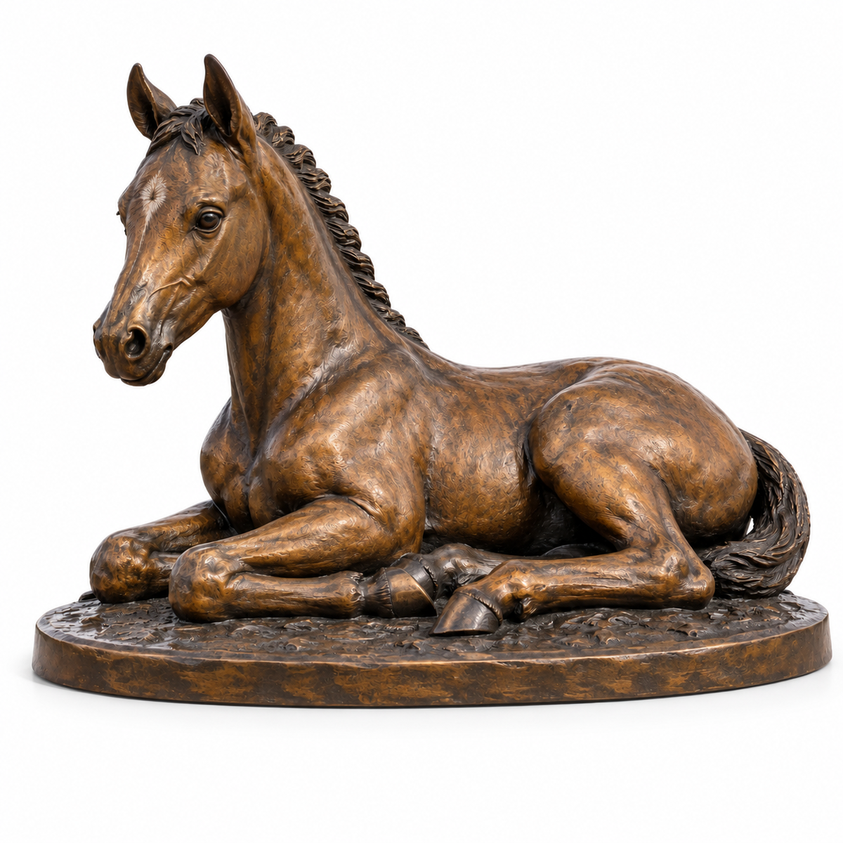 Amber Stillwater warm bronze resting foal sculpture and its integral base on a white background.
