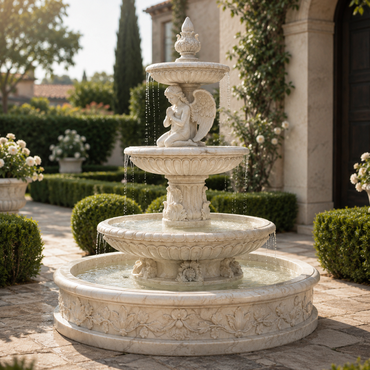 Angel’s Grace white marble angel fountain sculpture displayed in a classical outdoor garden setting