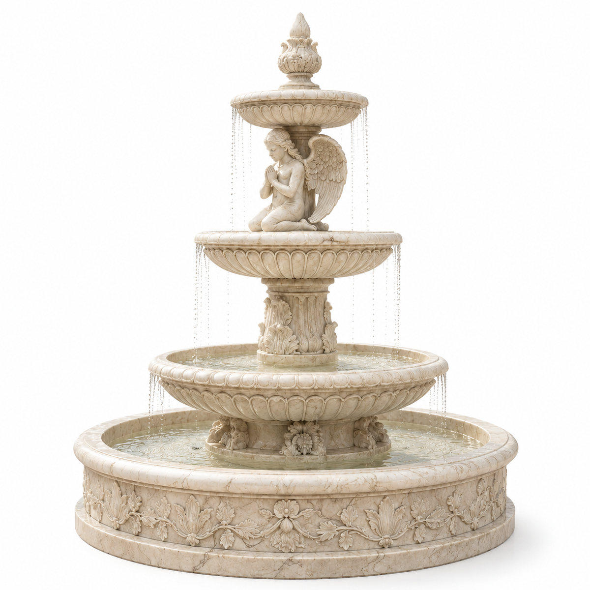 Angel’s Grace white marble angel fountain sculpture on a white background featuring a classical outdoor water feature design